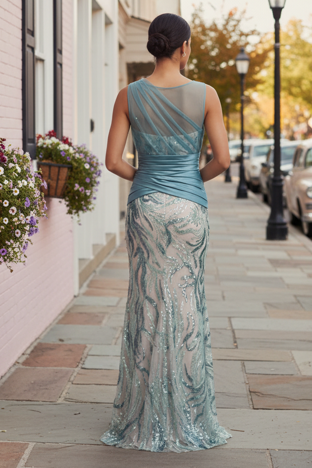 Asymmetrical Illusion Sequin Mermaid Evening Gown
