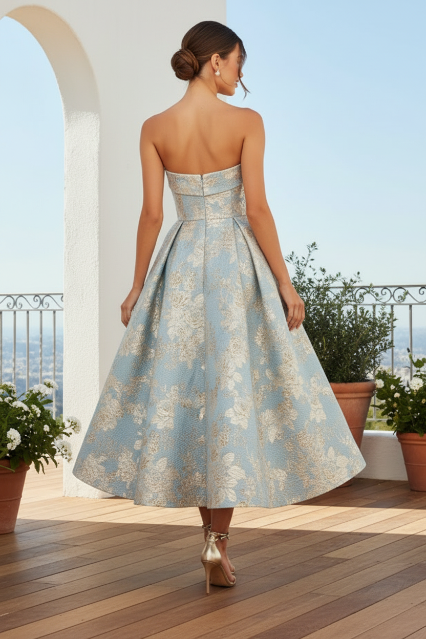 Strapless Floral Jacquard A-Line Midi Dress