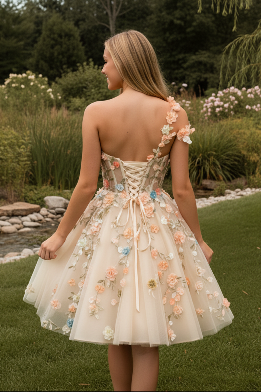 One-Shoulder A-Line Tulle Dress with 3D Flowers