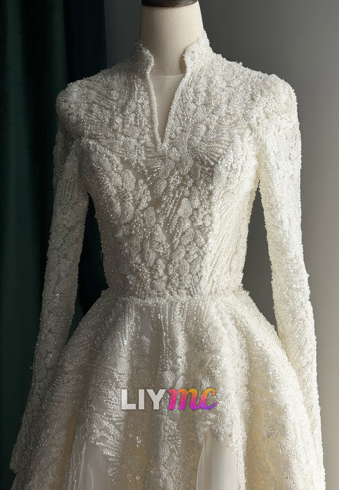 Long Sleeve High Neck Beaded A-Line Wedding Dress