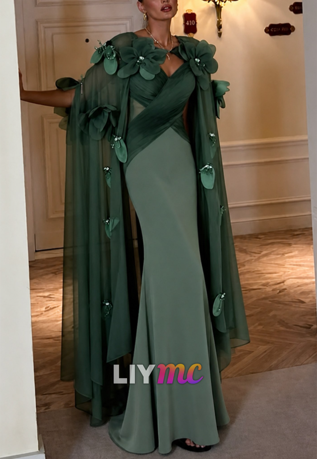 Floral Cape Overlay Pleated Bodice Evening Gown