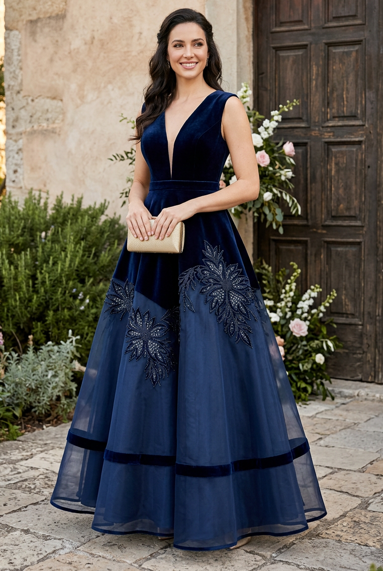 Deep V-Neck Embroidered A-Line Evening Gown