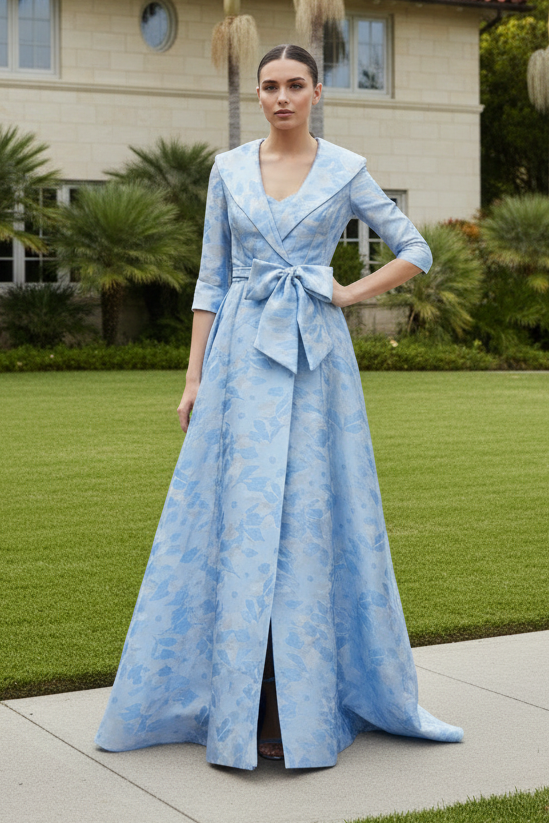Metallic Floral Jacquard A-Line Evening Gown
