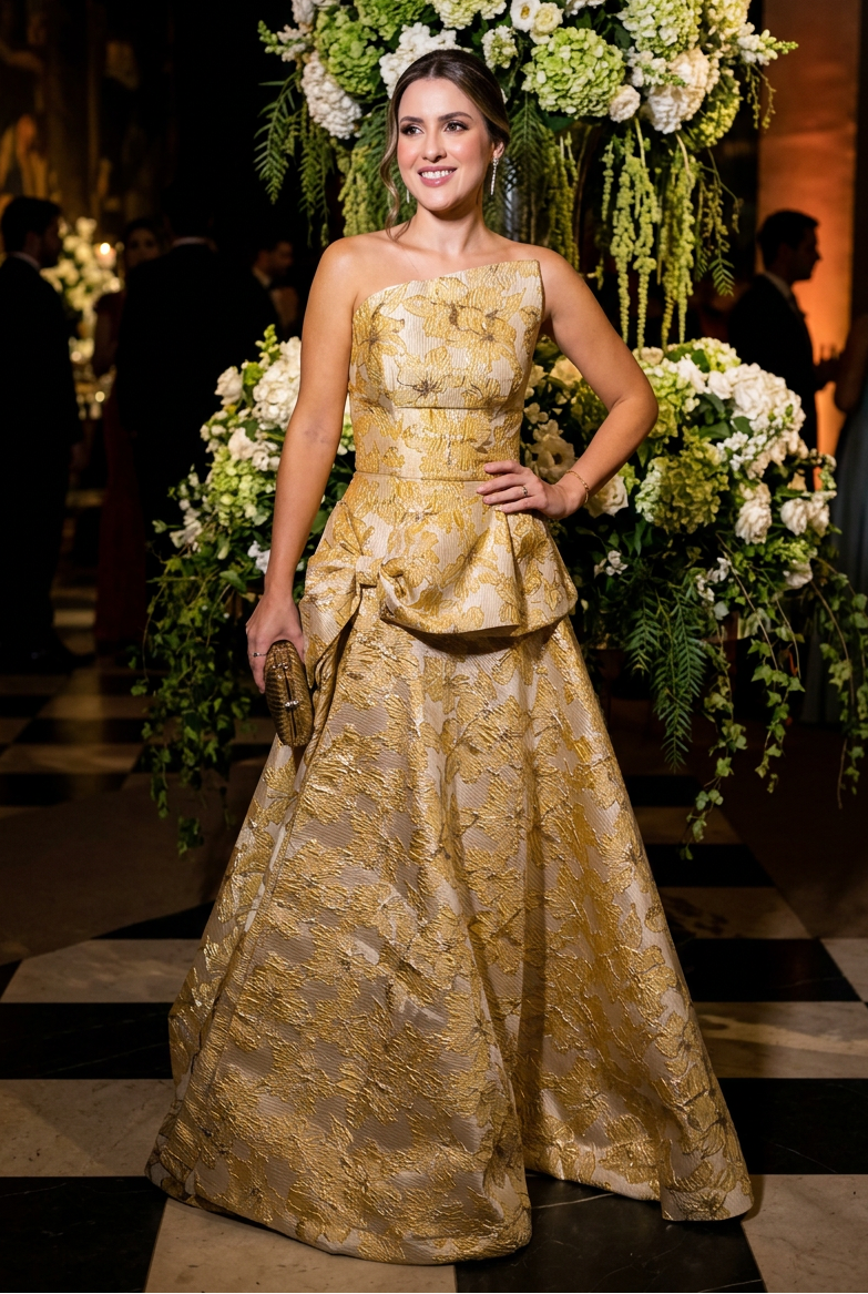 One-Shoulder Jacquard Gown with Peplum Detail