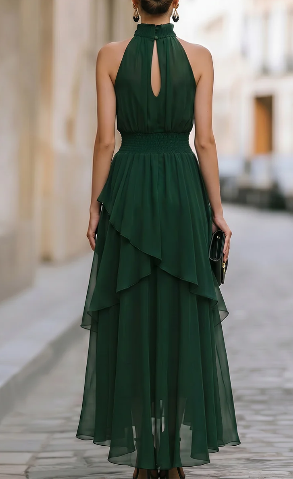 Halter High-Neck Tiered Chiffon Maxi Dress