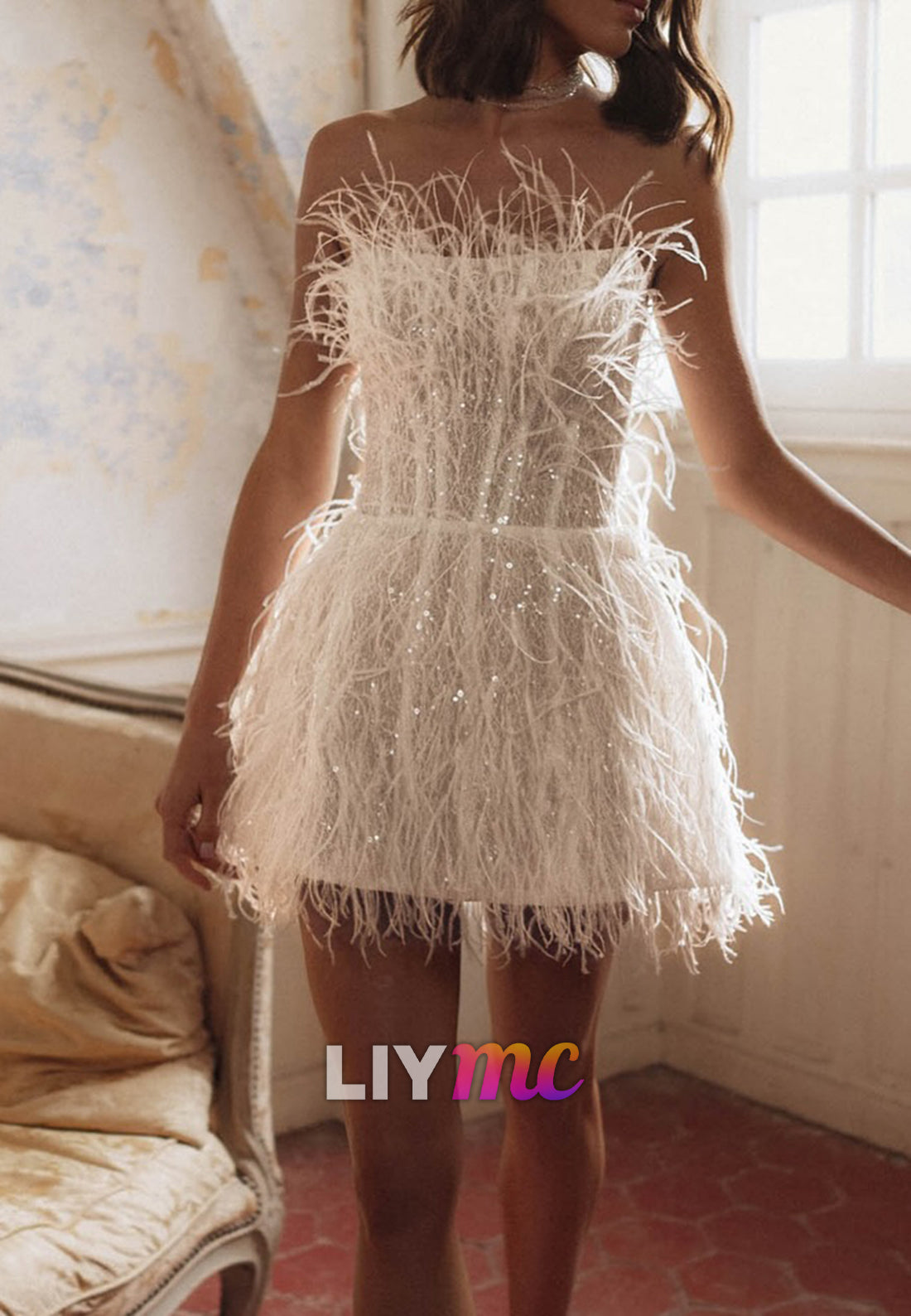 Strapless Feather Mini Dress with Sequin Embellishment
