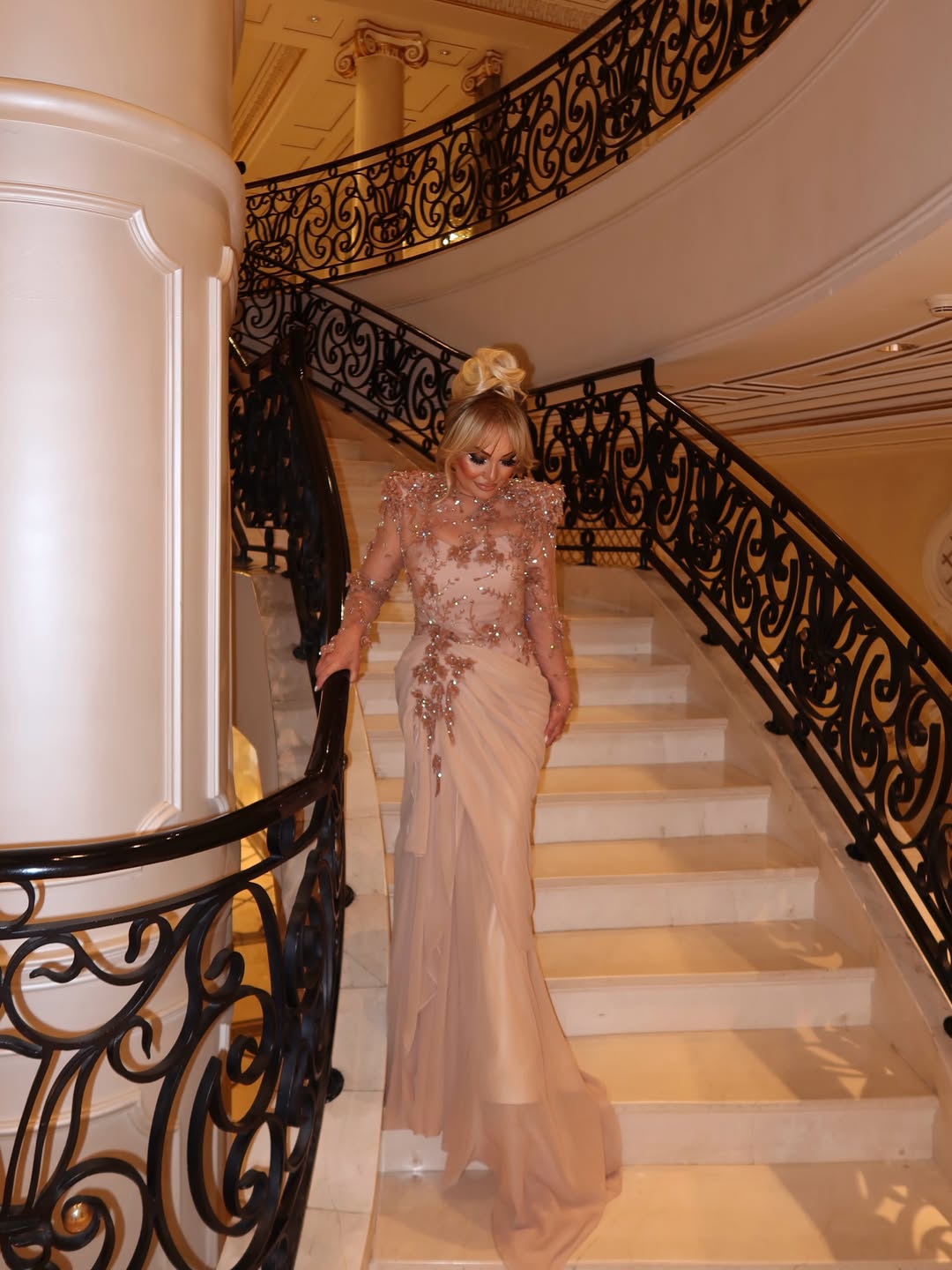 Beaded Illusion Long Sleeve Draped Evening Gown