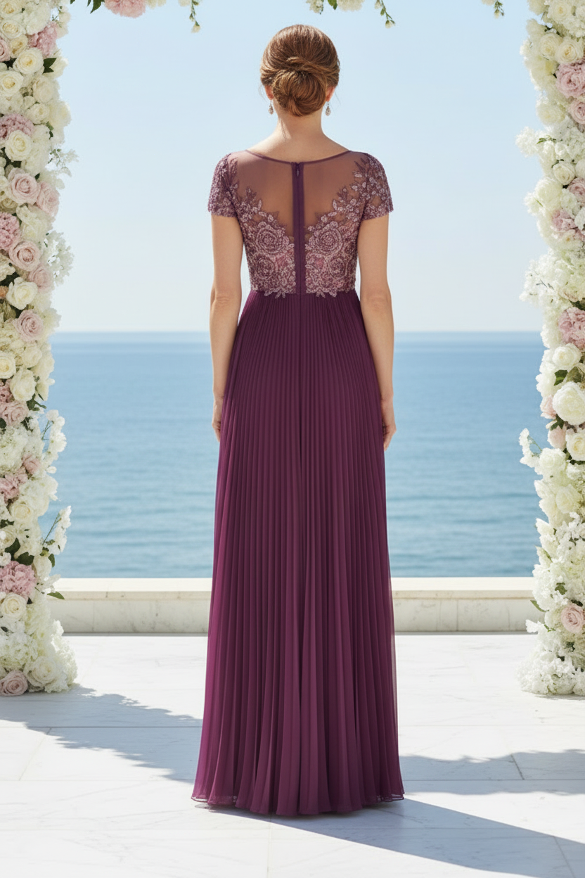 Floral Applique Pleated Floor-Length Gown