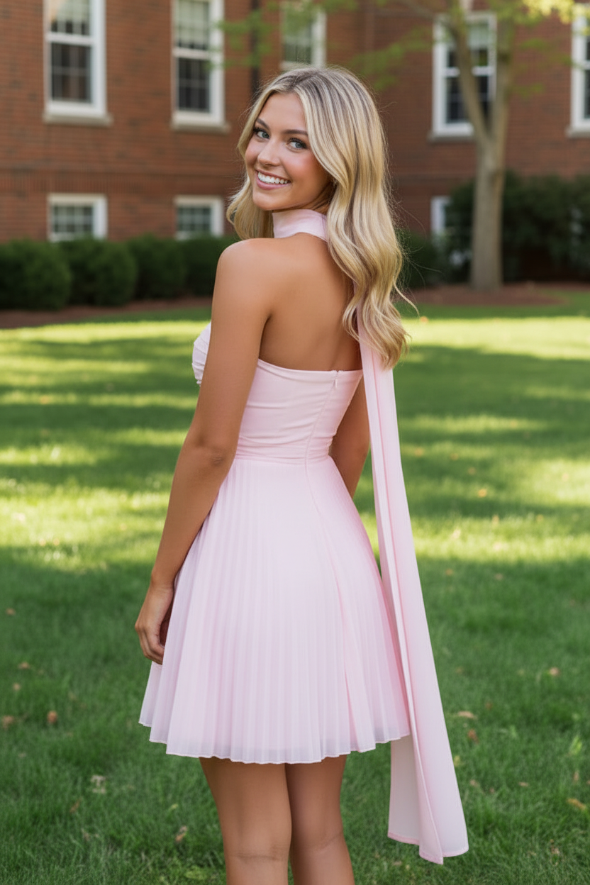 Strapless Pleated Chiffon Mini Dress with Neck Scarf