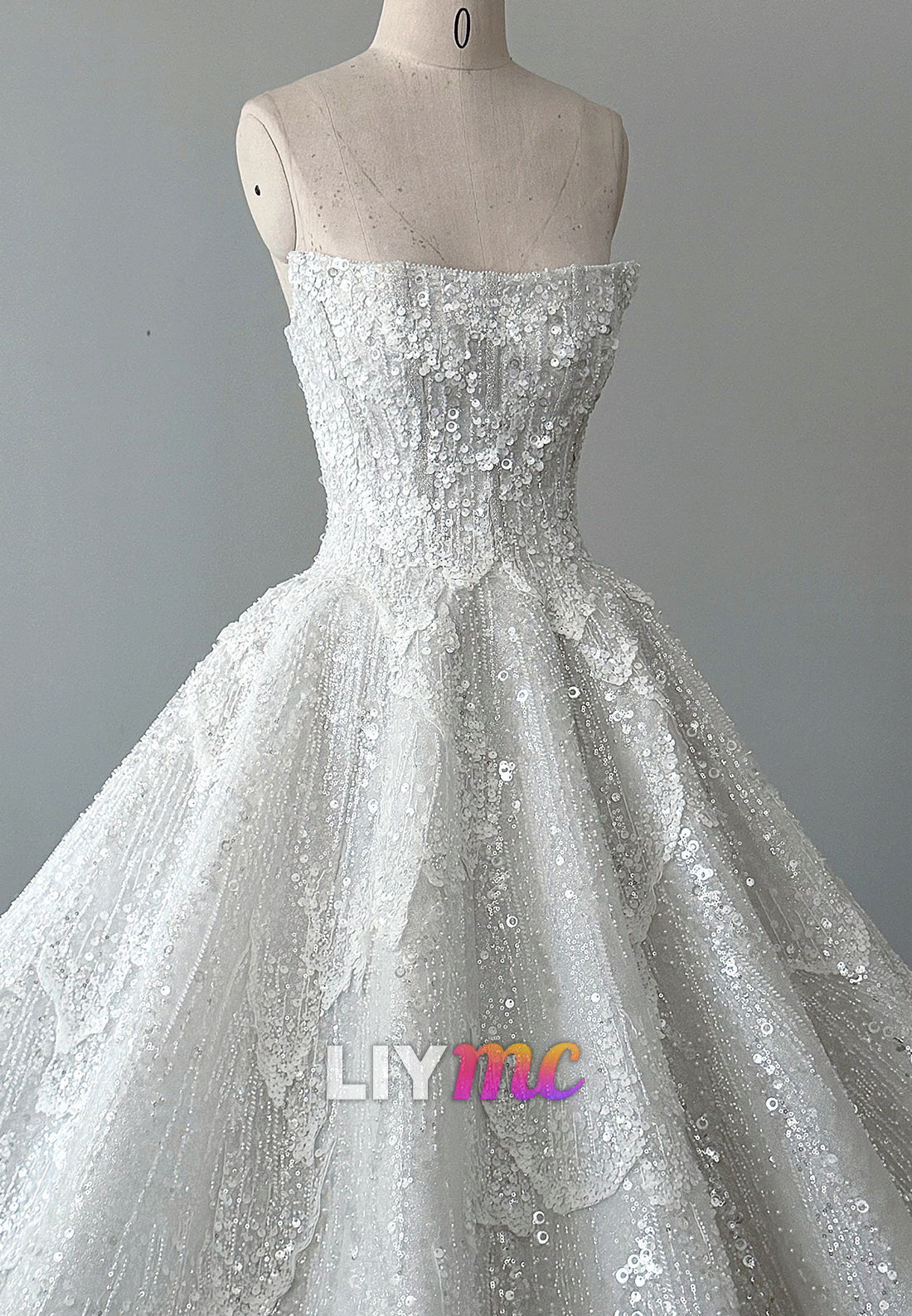 Strapless Tiered Sequin Lace Ball Gown Wedding Dress