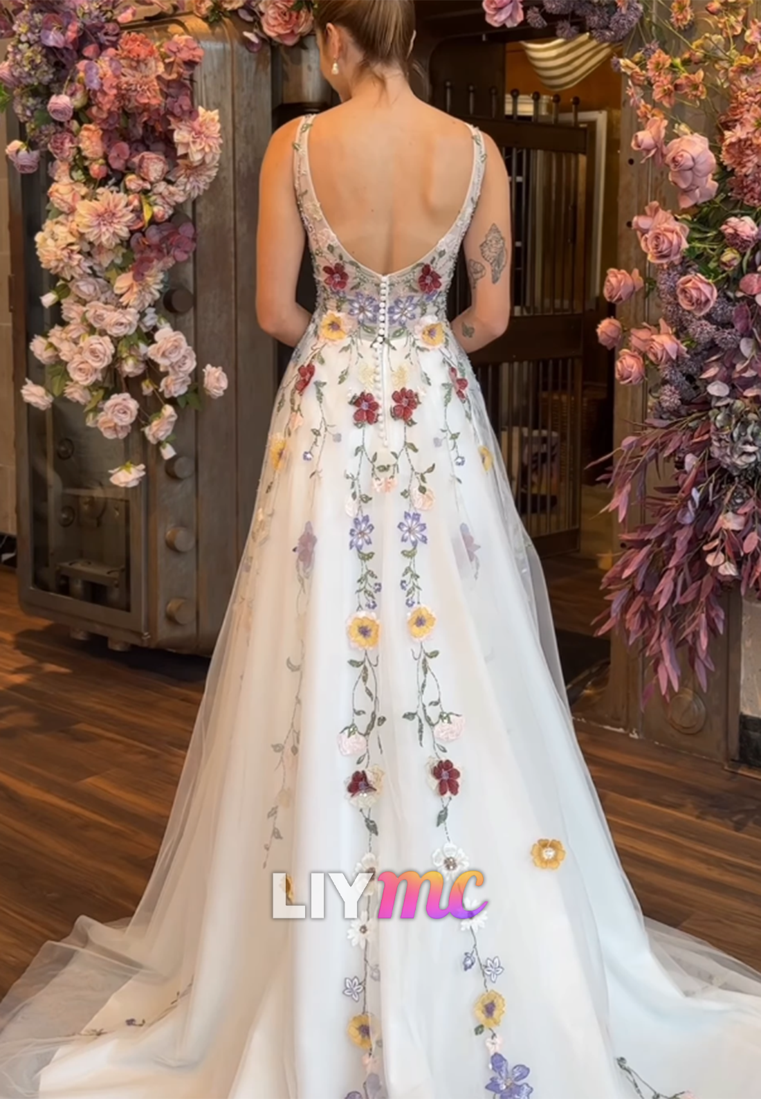 Embroidered Floral Illusion V-Neck A-Line Wedding Dress