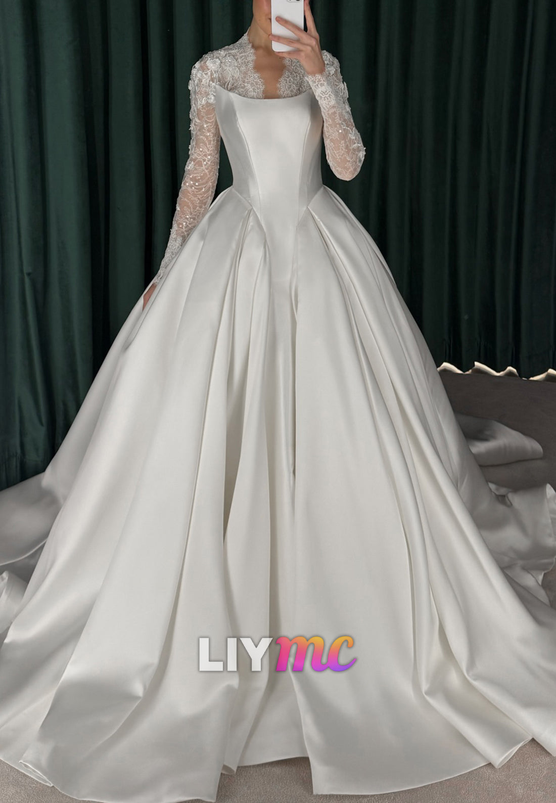 Satin Ball Gown Wedding Dress with Lace Sleeves