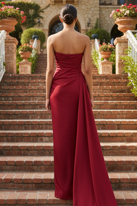 Strapless Satin Sheath Gown with High Slit & Side Drape