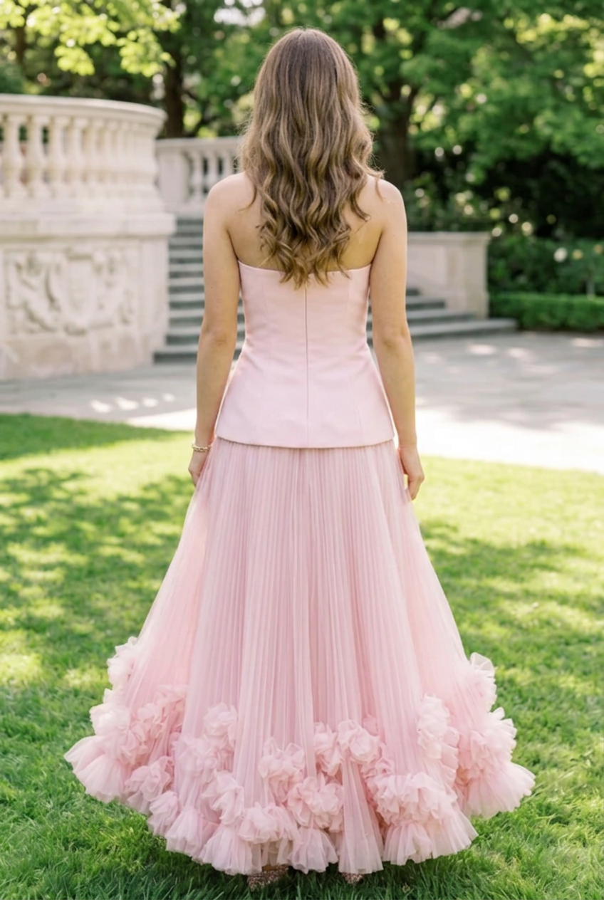 Strapless Pleated Tulle Gown with Ruffled Hem