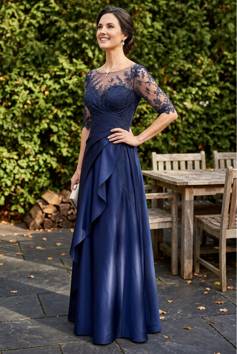 Illusion Neck A-Line Gown with 3/4 Sleeves & Ruffle