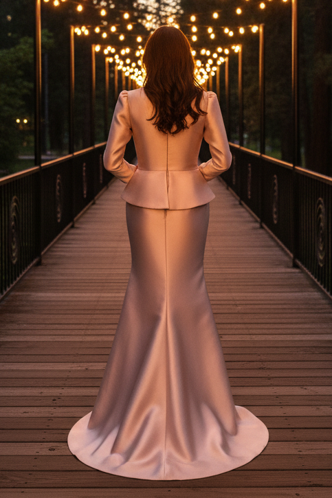 Long-Sleeve Mermaid Gown with Pleated Wrap Bodice & Flower