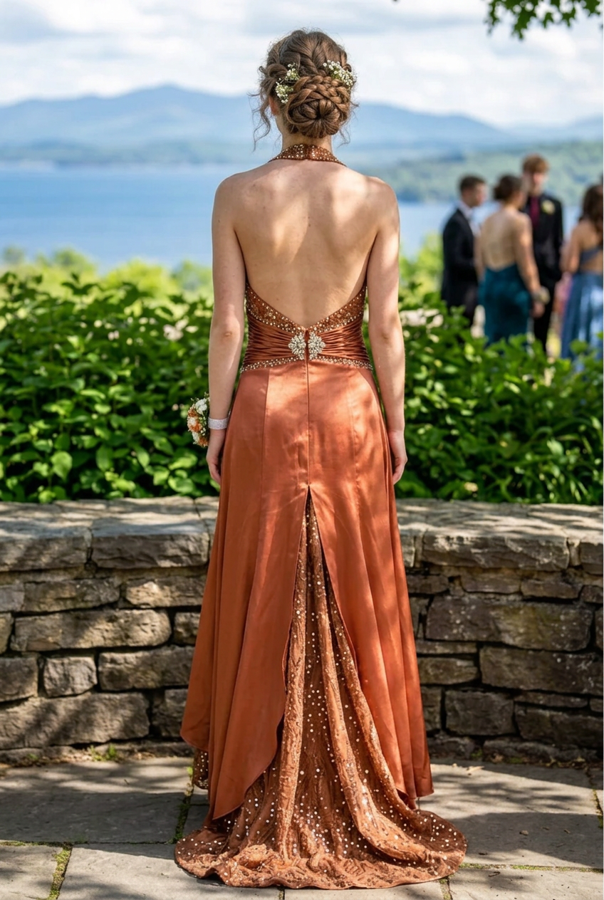 Halter Beaded Evening Gown with Lace Train