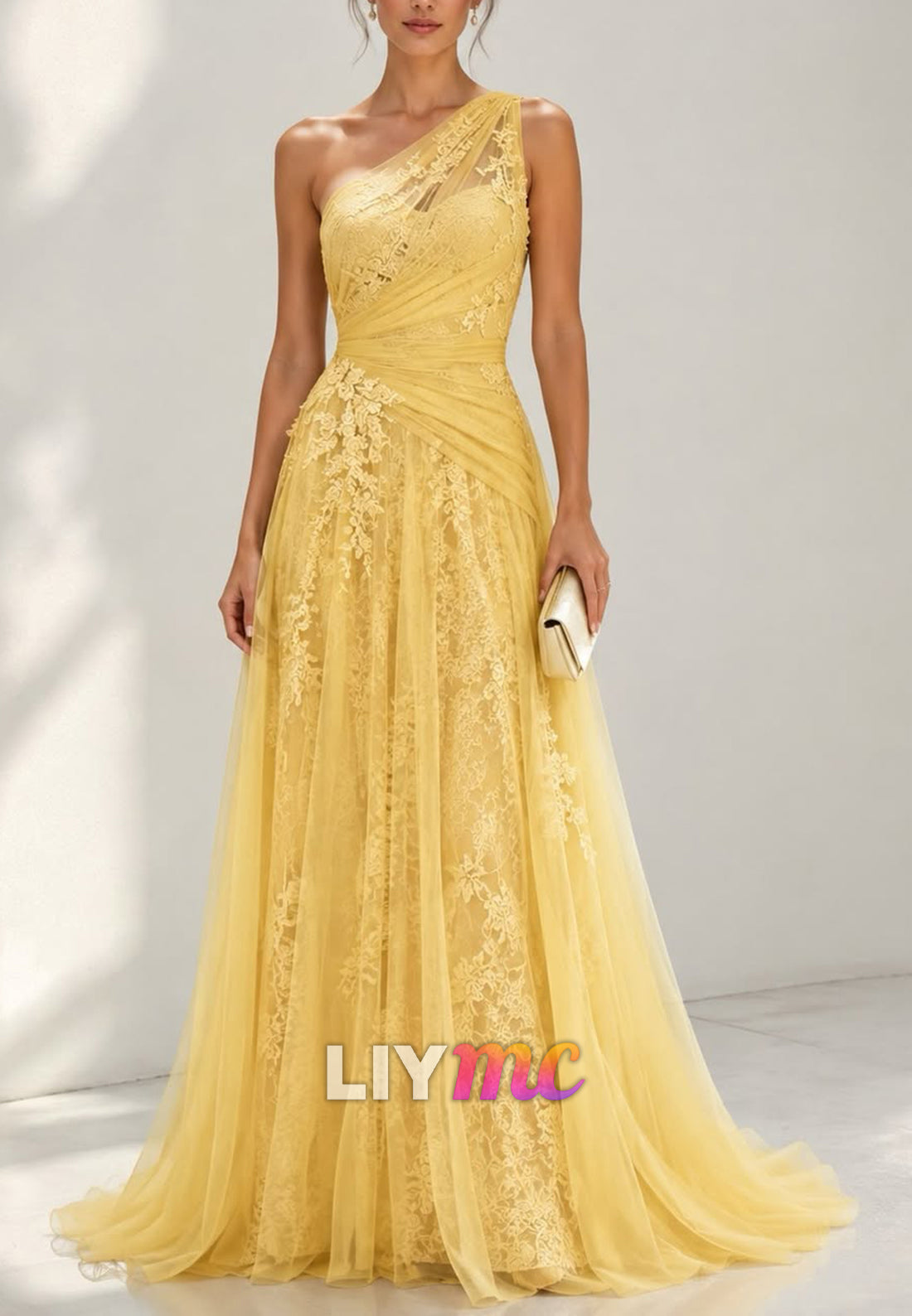 One-Shoulder Floral Lace A-Line Evening Gown