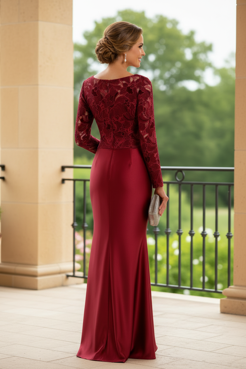 Lace Bodice Long Sleeve Satin Evening Dress