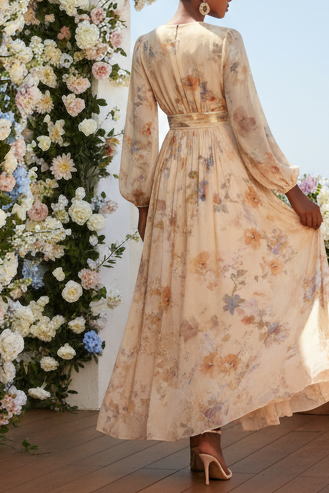 Floral Print Chiffon A-Line Maxi Dress