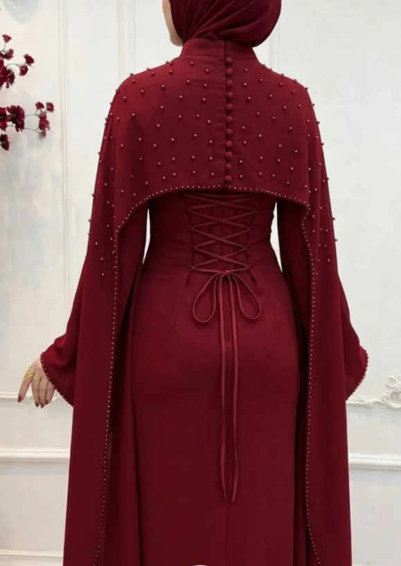 High Neck Cape Sleeve Evening Gown with Pearls