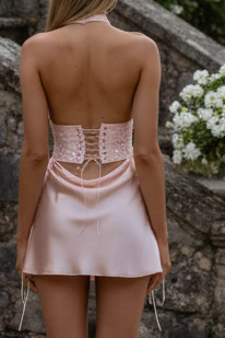 Beaded Corset Halter Mini Dress with Draped Satin Skirt