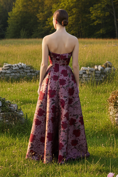 Strapless Floral Jacquard A-Line Gown with Pockets