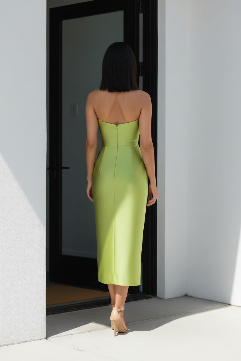 Strapless Satin Midi Dress with Bow Bodice