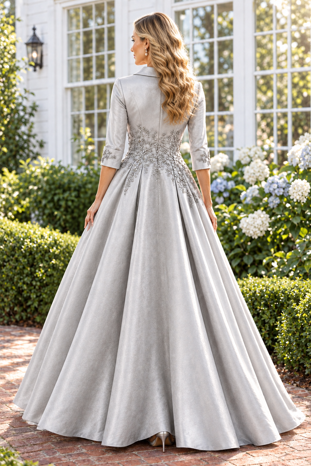 Embroidered Collared A-Line Gown with Slit