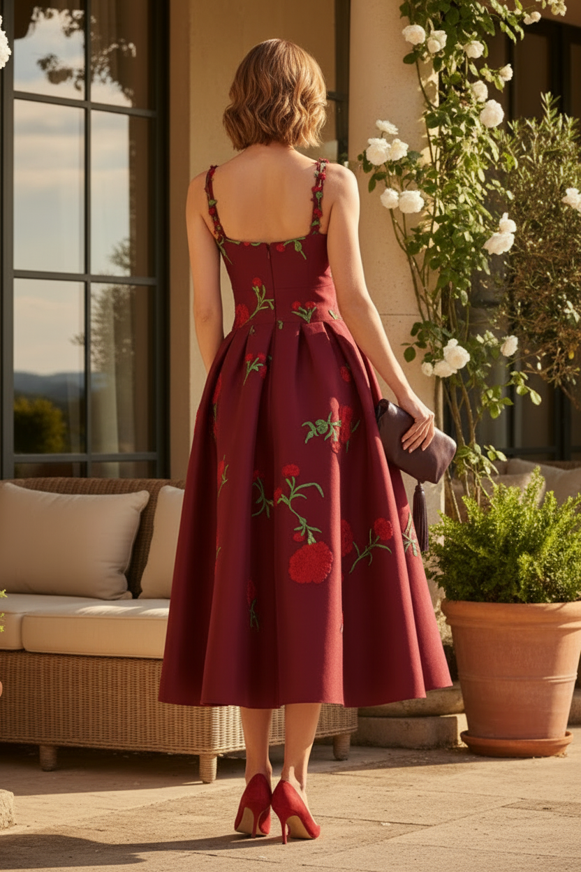 Floral Embroidered A-Line Midi Dress