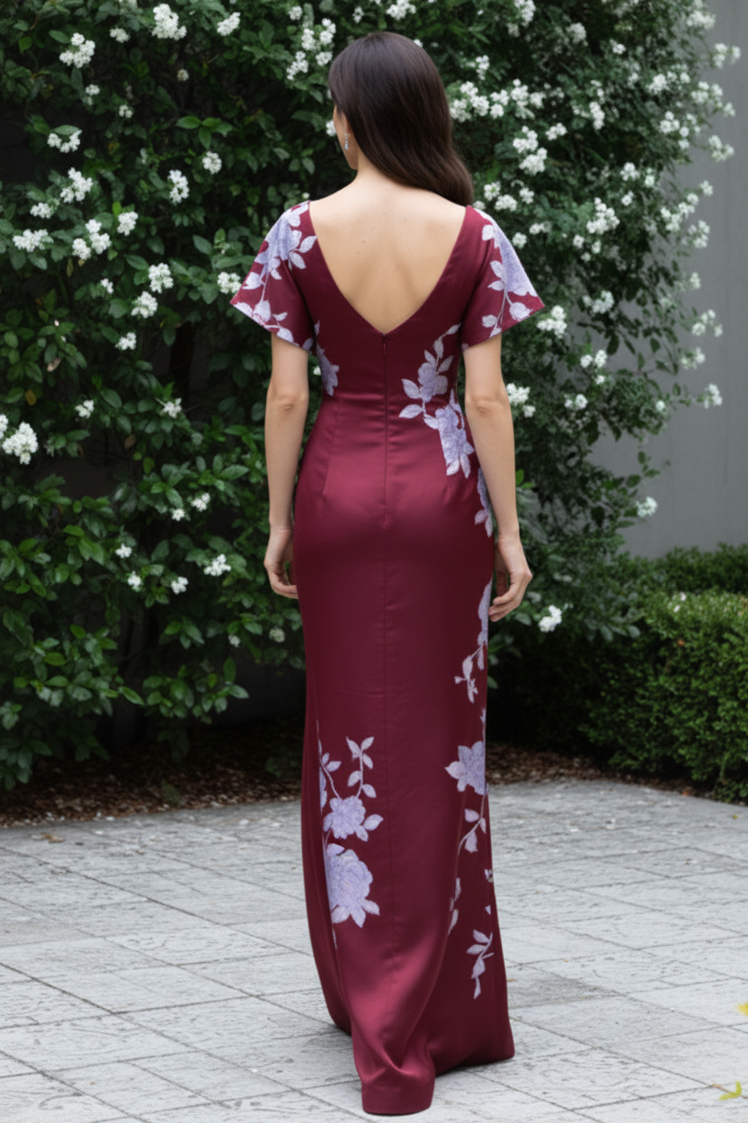 Bateau Neck Floral Jacquard Column Gown