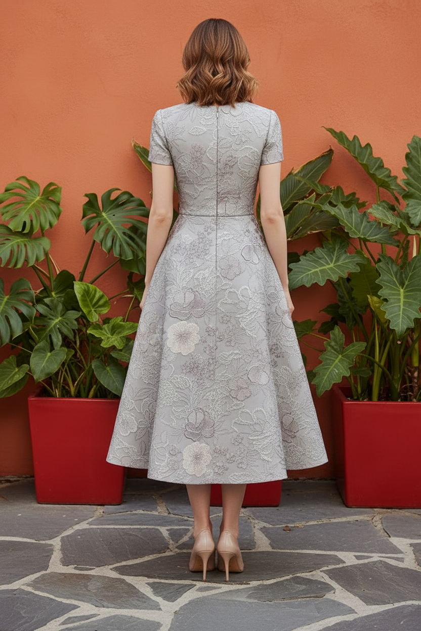 Floral Jacquard Fit-and-Flare Midi Dress with Pockets