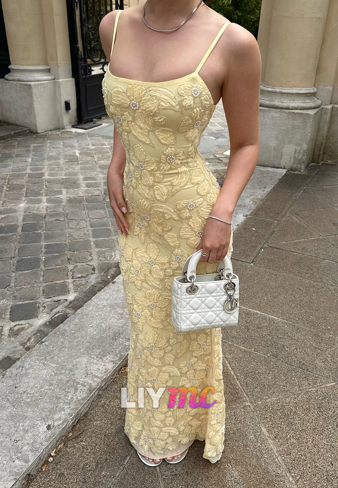 3D Floral Pearl Embellished Evening Gown