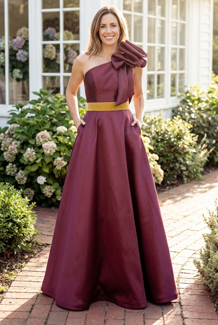 One-Shoulder Satin Ball Gown with Ruffle