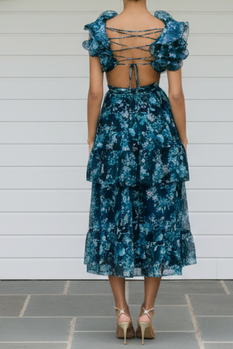 Ruffle Shoulder Floral Tiered Midi Dress