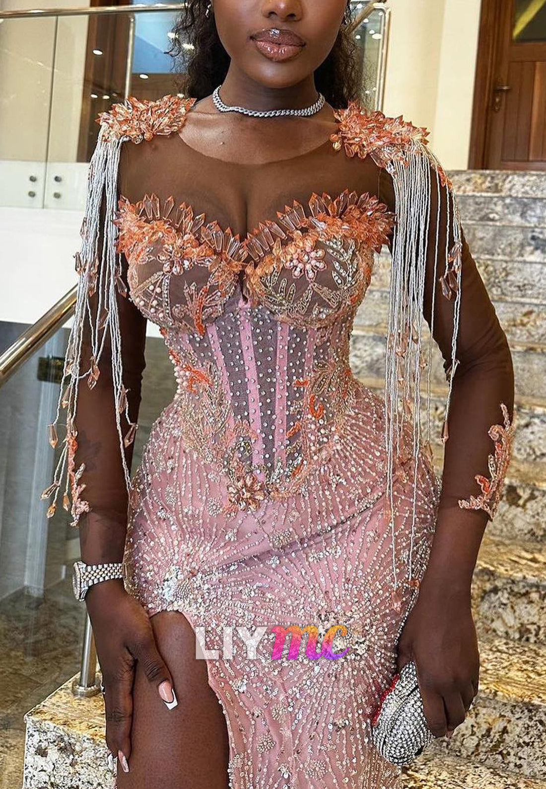 Beaded Illusion Corset Evening Gown with Fringe