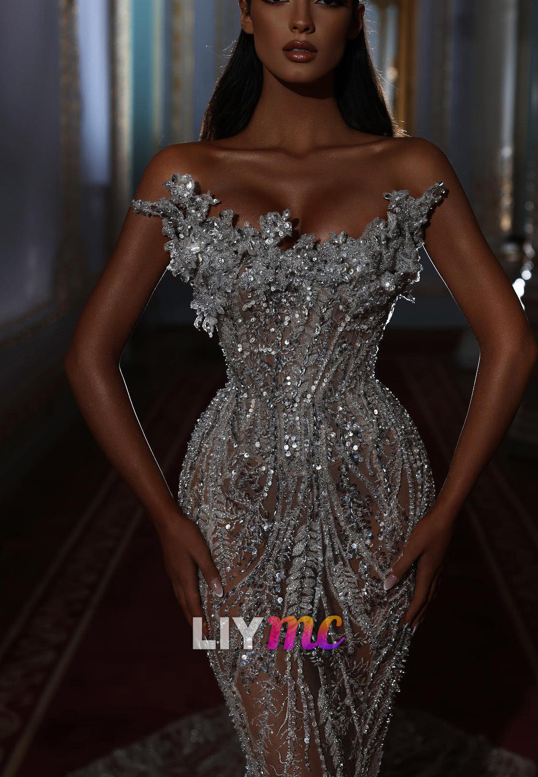 Embellished Mermaid Gown with Hooded Cape