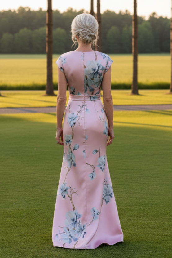 Floral Print Satin V-Neck Cap Sleeve Gown