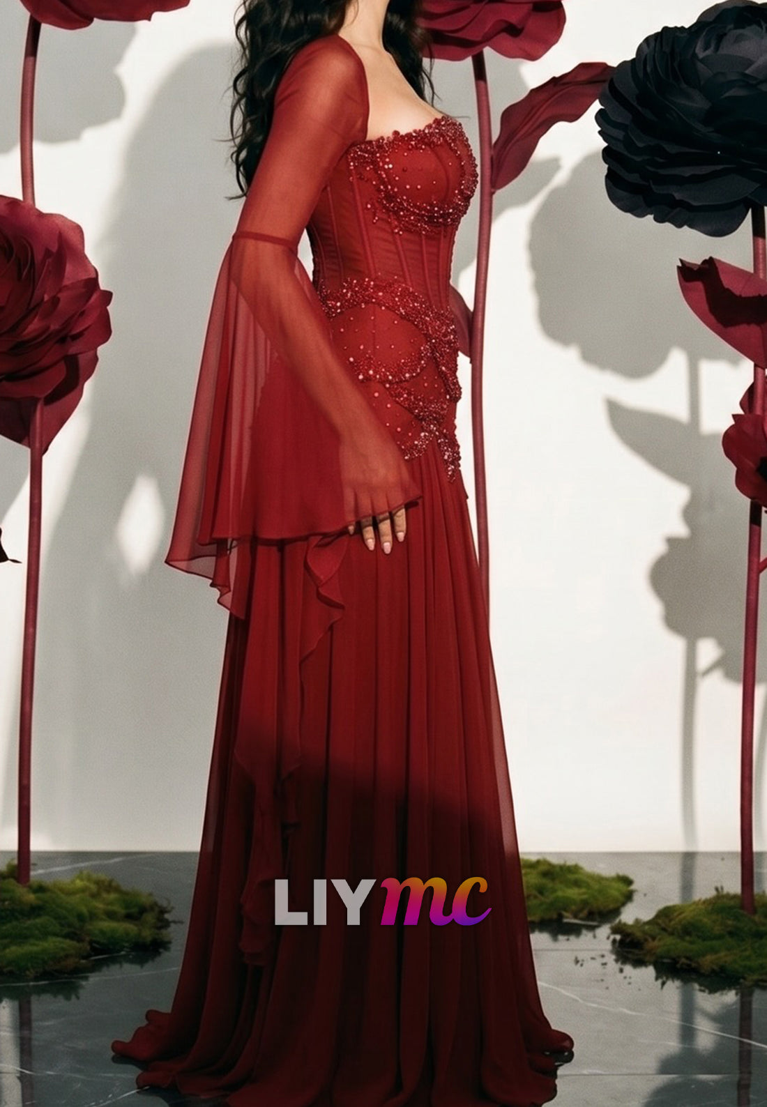 Bell Sleeve Beaded Corset Chiffon Gown