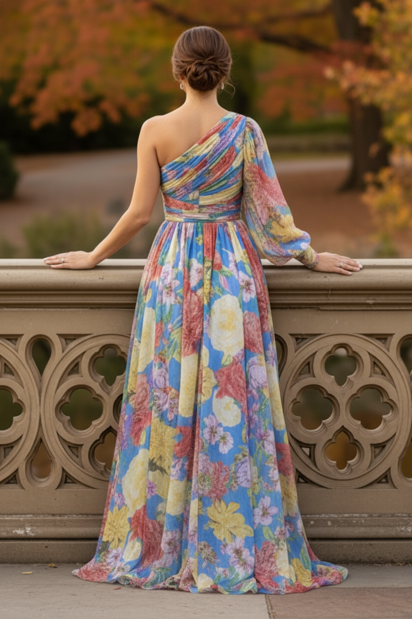 One-Shoulder Floral Maxi Dress with High Slit