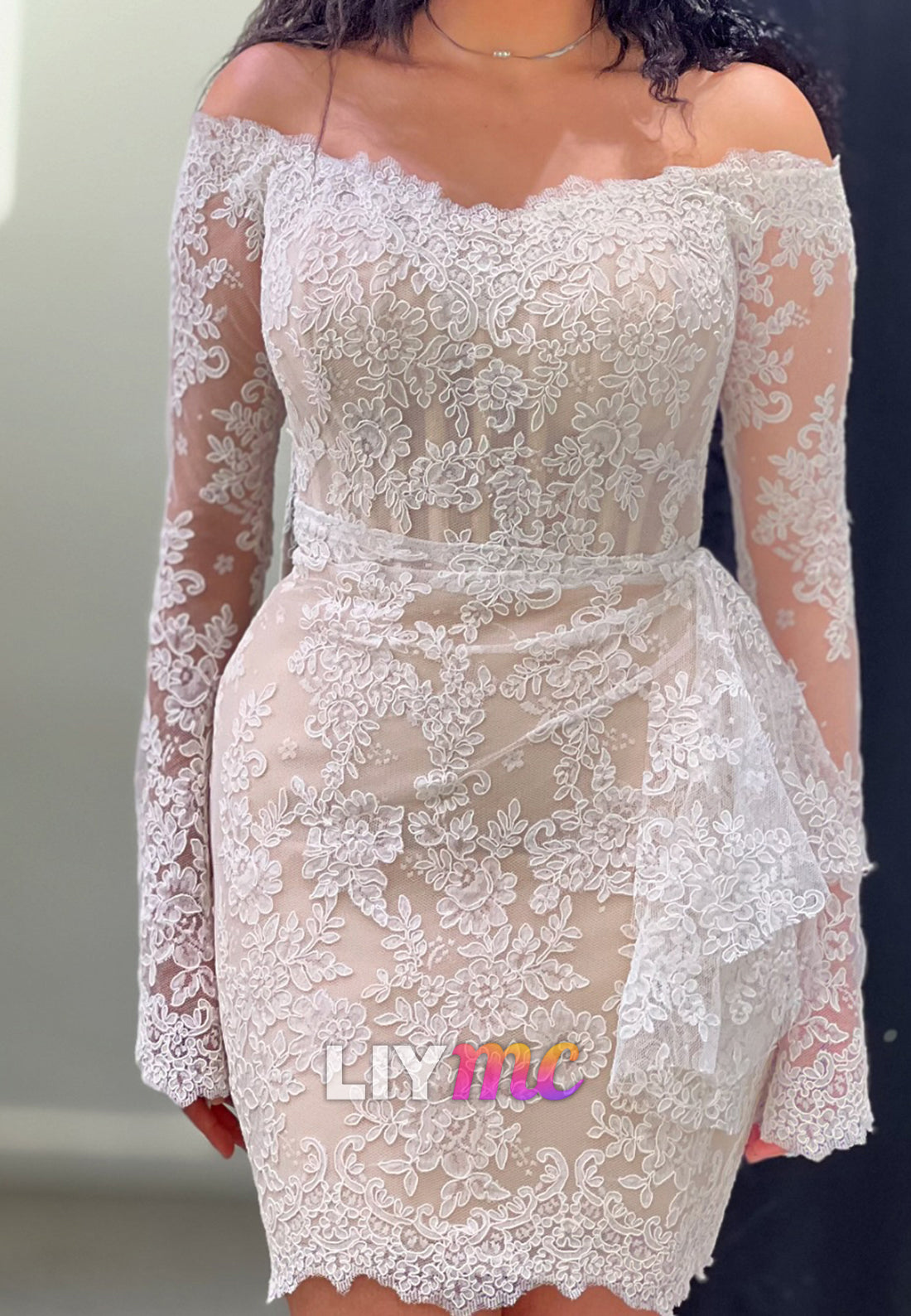 Off-the-Shoulder Lace Mini Dress with Side Drape