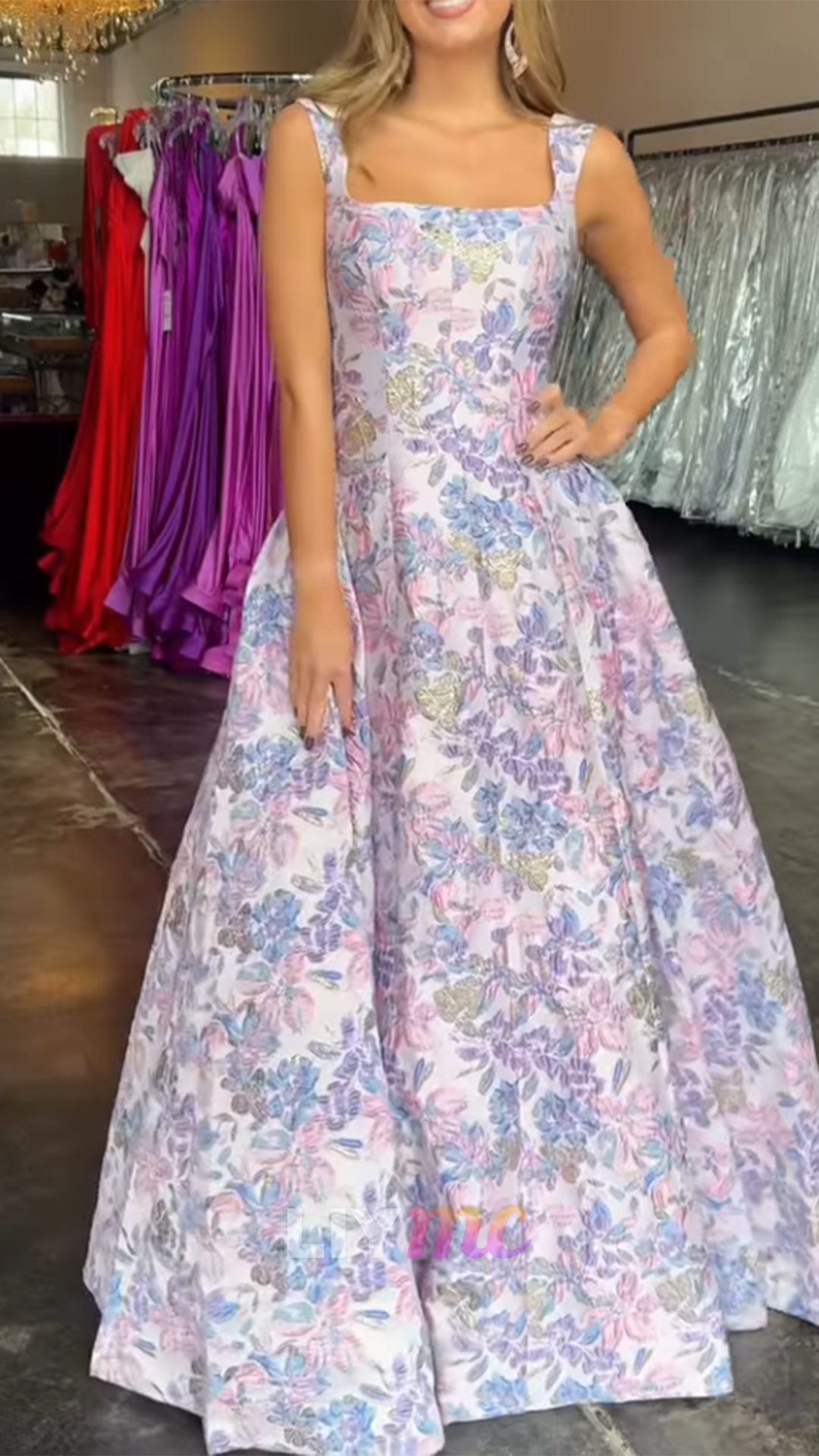 Square Neck Floral Jacquard Evening Gown