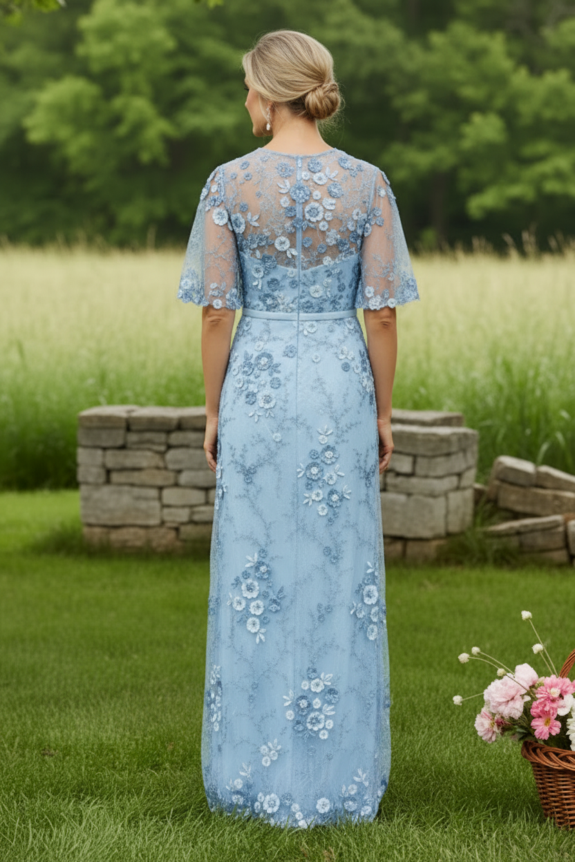 3D Floral Applique Flutter Sleeve Evening Gown