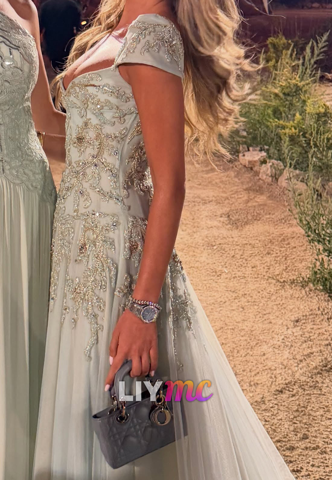 Beaded Tulle A-Line Evening Gown with Cap Sleeves