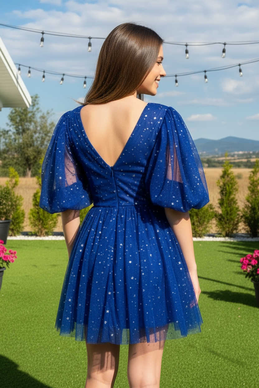 Starry Tulle Puff Sleeve A-Line Homecoming Dress