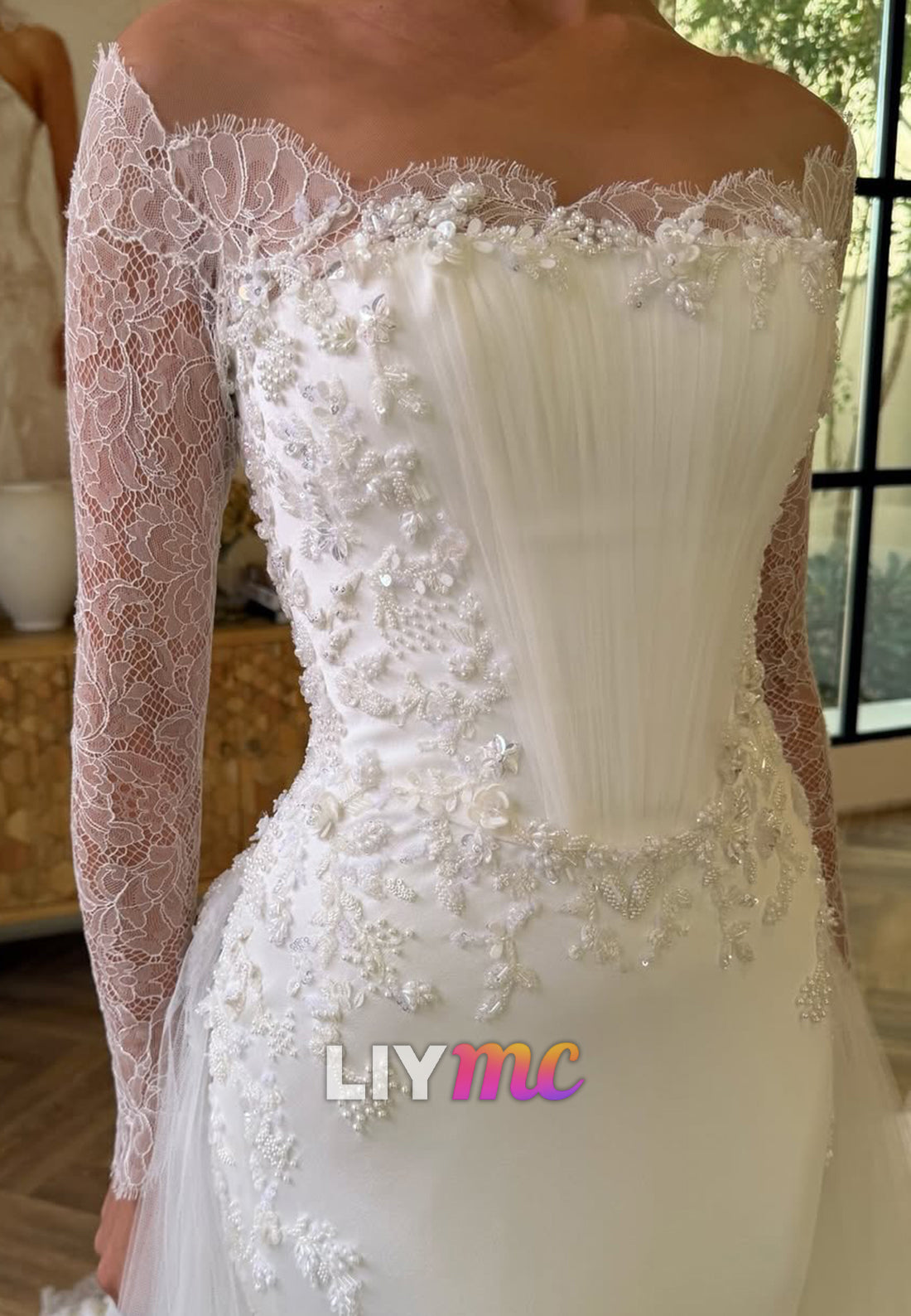Mermaid Wedding Dress with Lace Sleeves & Corset