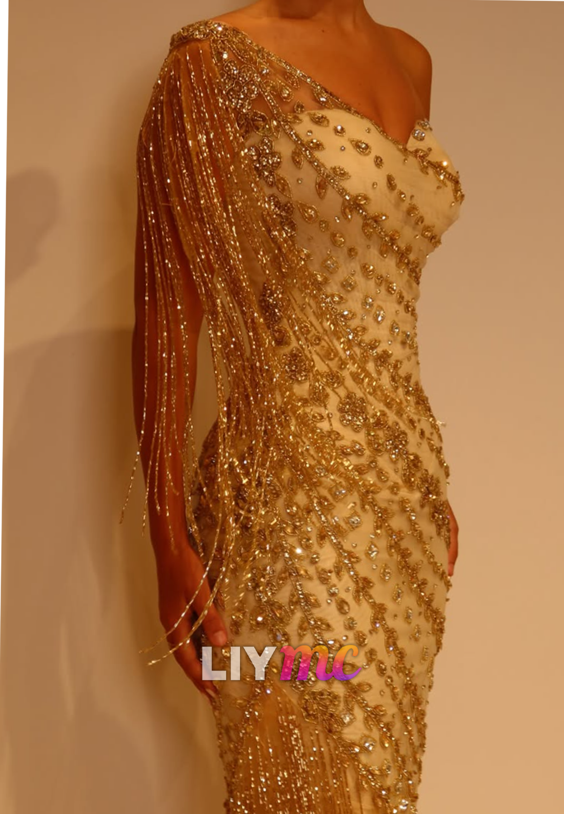 One-Shoulder Beaded Fringe Evening Gown