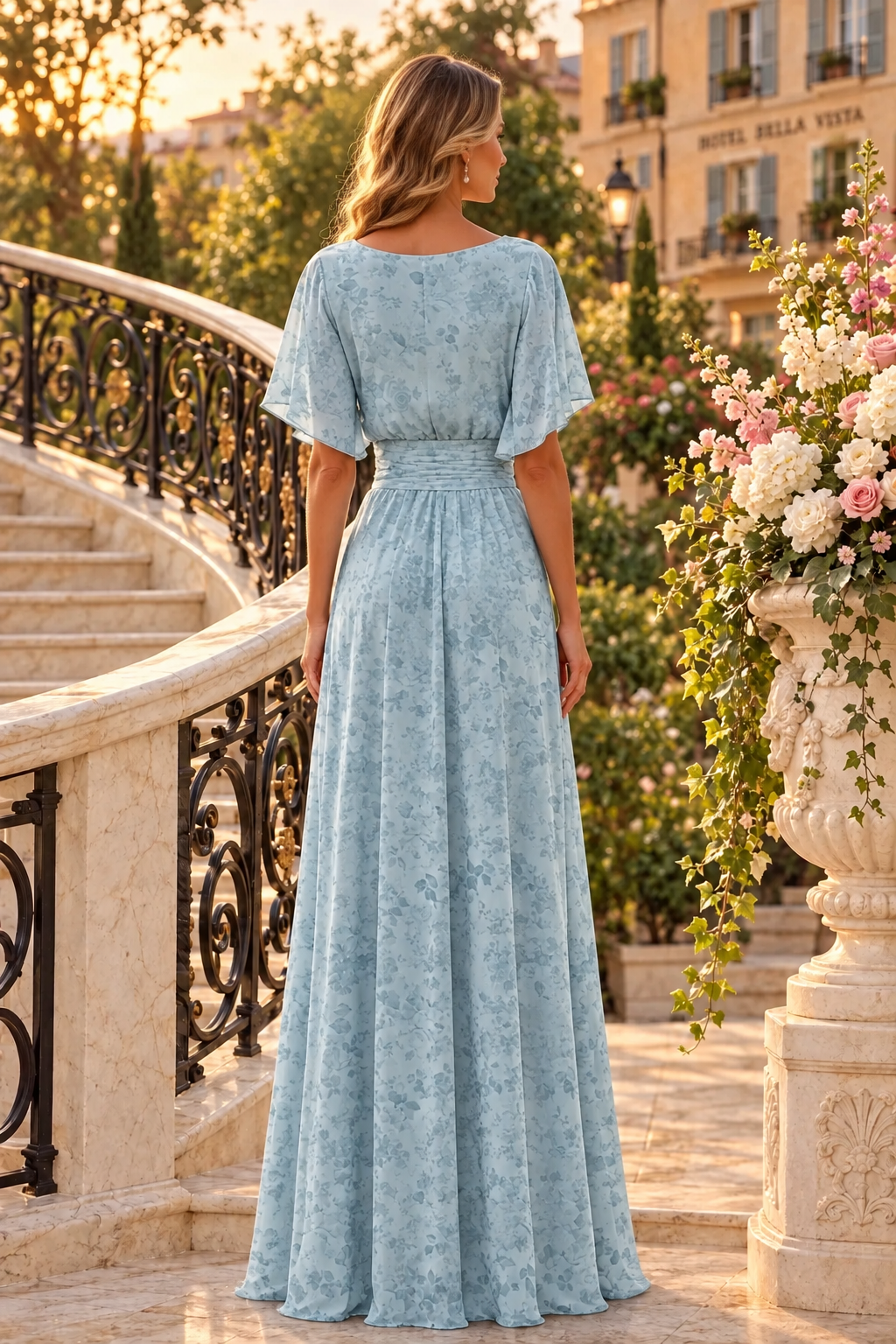 Floral Ruched Waist Flutter Sleeve Maxi Dress