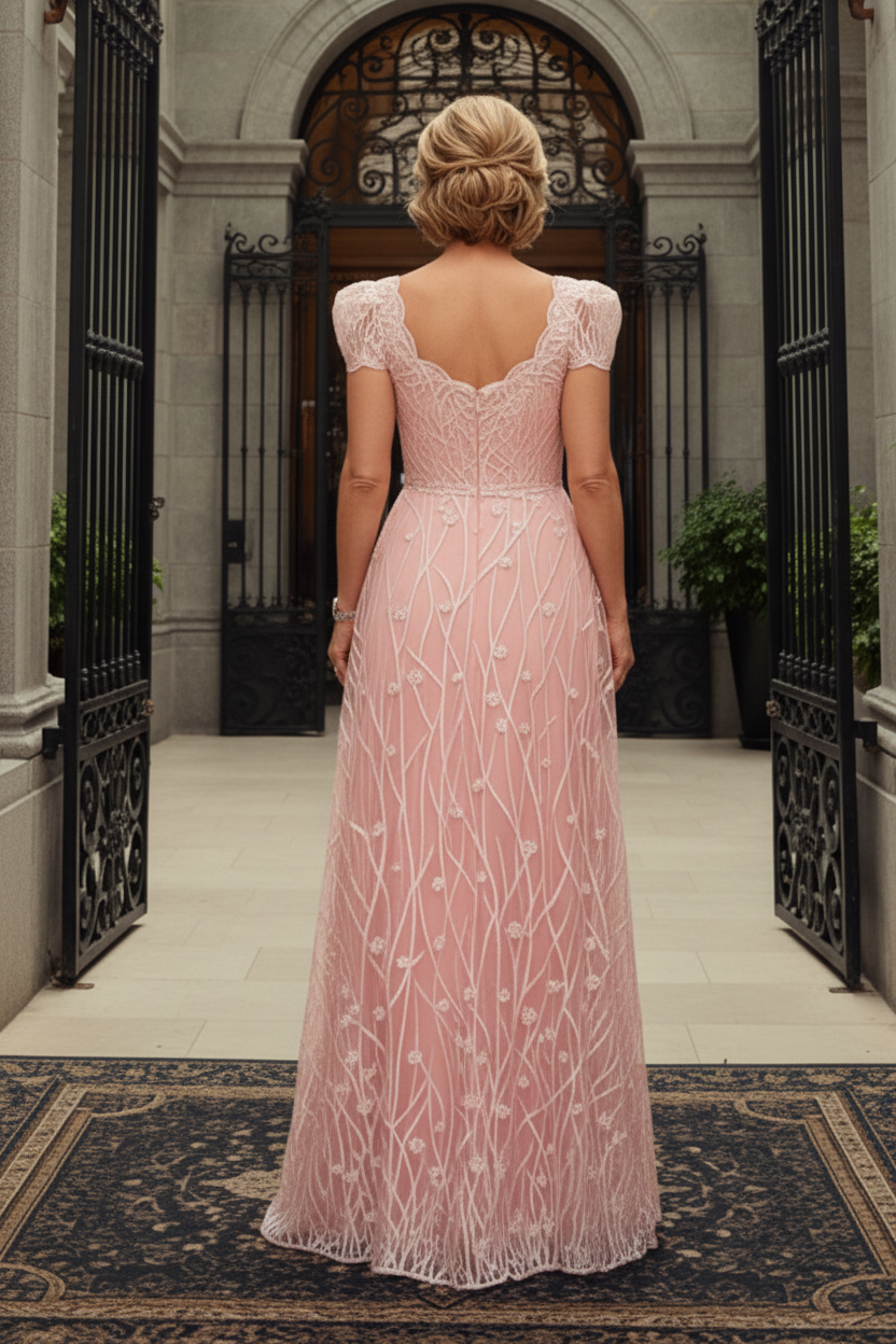 Embroidered Square Neck A-Line Gown with Cap Sleeves