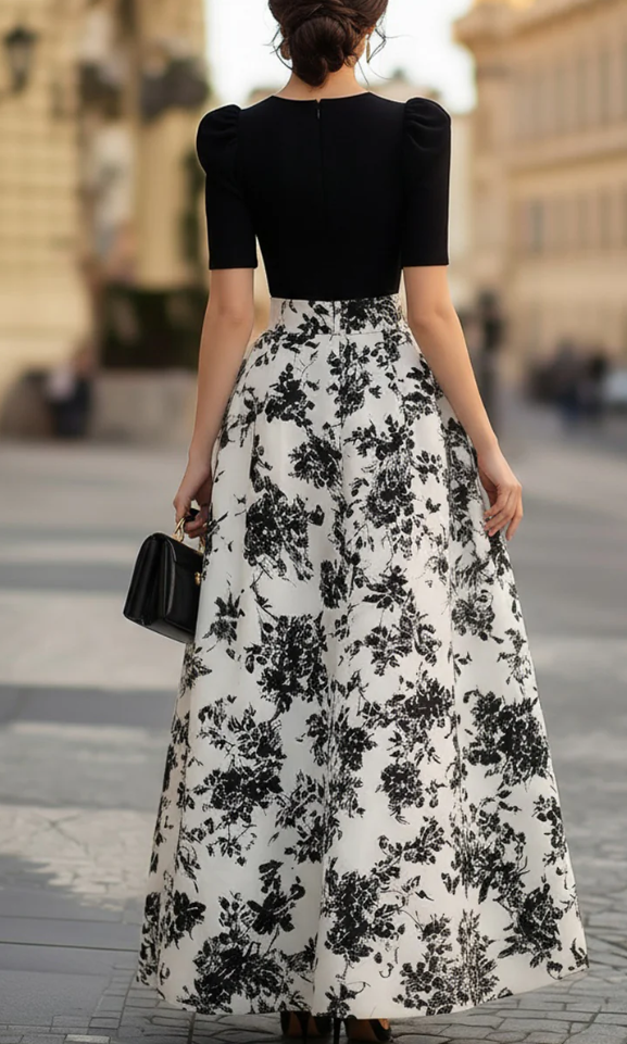 Puff Sleeve Floral Print A-Line Maxi Dress